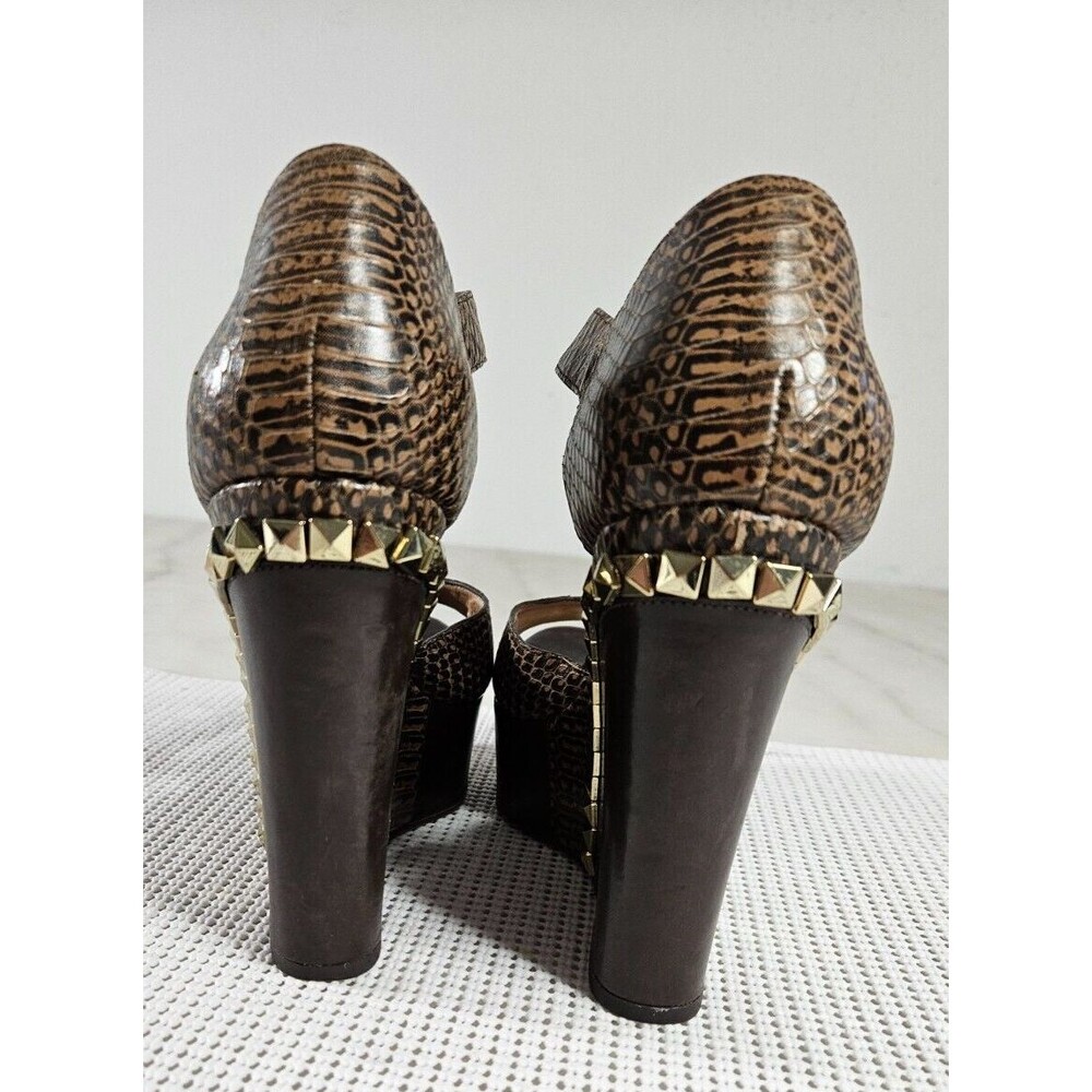 Michael Kors Brown Snake-Embossed Platform Wedge Boots with Gold Studs - Picture 4 of 12